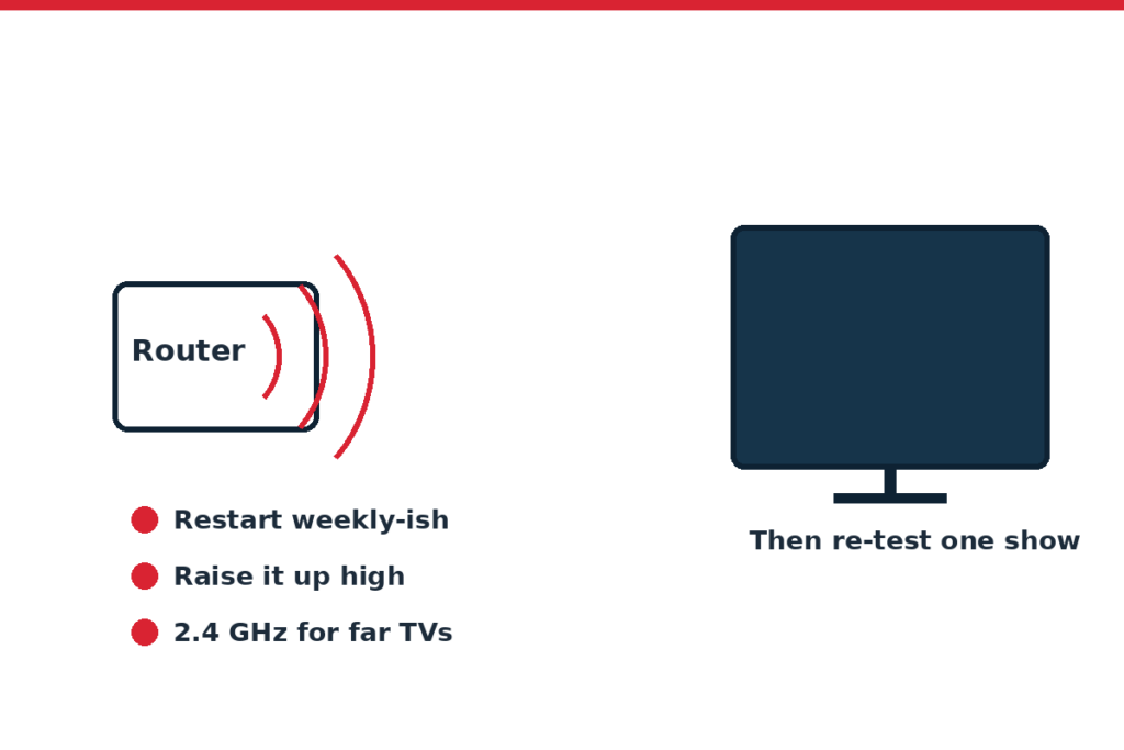 Diagram comparing 2.4 GHz Wi-Fi that carries further through walls with faster 5 GHz that fades sooner
