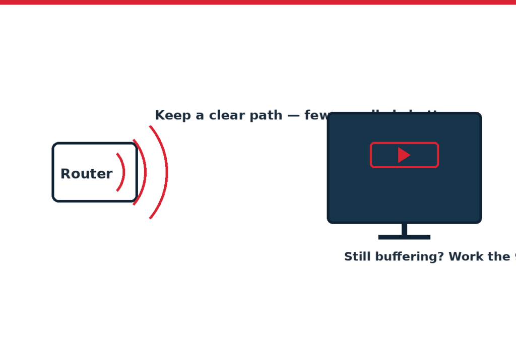 Diagram of a home router sending Wi-Fi to a TV with a clear path between them